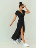 V-Neck Lace-Up Slim Polka Dot Casual Long Dress