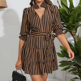 Striped Casual V-Neck Lace-Up Fashion Short Dress