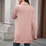 Solid-Color High-Neck Long-Sleeved Slit T-Shirt