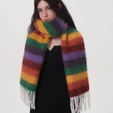 Women Striped Fringed Plaid Scarf
