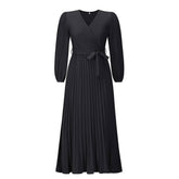 V-Neck Long Sleeve Pleated A-Line Long Dress