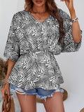 V-Neck Bat-Sleeve Loose Waist Print Pullover Top