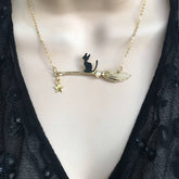 HALLOWEEN MAGIC BROOM BLACK CAT NECKLACE_CWAJE2434