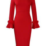 FASHION SOLID COLOR HIPWRAPPED FLARED SLEEVE DRESS_CWDMD3663