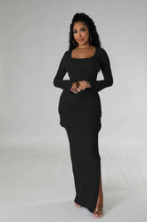 U-Neck Tight Top Long Skirt Two-Piece Set