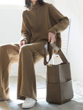 Sweater With Slit And Wide Leg Pants Knit Suit