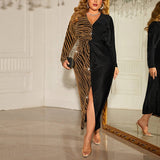 LEOPARD PATCHWORK V NECK BODYCON SLIT DRESS_CWDSD8489