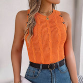 Solid Color Twist Button Sleeveless Blouse