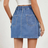 Washed Denim Skirt With Adjustable Waist