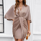 V Neck 3/4 Batwing Sleeve Ruffled Dress_Cwdsd3538