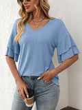 Solid Color V-Neck T-Shirt With Lotus Sleeves