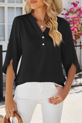 V Neck Button Solid Color Casual Chiffon Shirt_Cwtsts0185