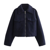 Solid Color Lapel Zip-Up Cropped Jacket