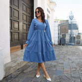 V-Neck Layered Flared Sleeves Long-Sleeved Dress