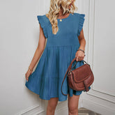 Solid Round Neck Short Skirt With Lotus Sleeves