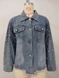 Washed Beaded Long-Sleeved Casual Denim Jacket