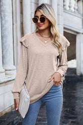 Women V Neck Flying Sleeve Blouse_Cwtbll0575