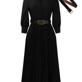 ELEGANT LAPEL SOLID COLOR WIDE HEM PLEATED DRESS_CWDMD3661