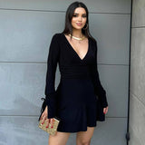 Solid Color Deep V Drawstring Pleated Dress