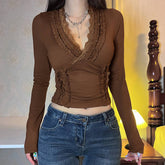 Vintage Wood Ear Trim V-Neck Long Sleeve T-Shirt