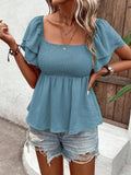 Solid-Color Cable-Lined Puffed-Sleeve T-Shirt