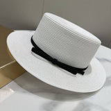 SOLID COLOR SIMPLE BOW FLAT TOP STRAW HAT_CWAH3598
