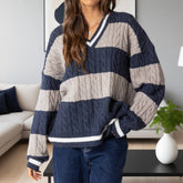 V-Neck Striped Color Matching Loose Sweater