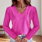 Solid-Color V-Neck Bright Long-Sleeved T-Shirt