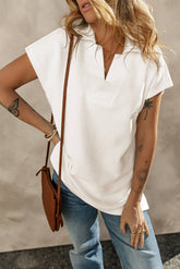 Solid-Color V-Neck Slit Short-Sleeved T-Shirt