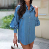 Solid Color Wash Denim Long Sleeve Simple Shirt