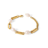 Vintage 18K Gold Pearl Geometric Chain Bracelet