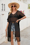 Sun Fringe Knit Over Short Sleeve V-Neck Sweater
