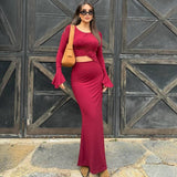 Solid Color Long Sleeve Sexy Long Skirt Dress
