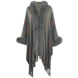 Womens Hooded Cape Striped Knitted Fringe Shawl