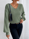V-Neck Drop Shoulder Sleeved T-Shirt Loose Knit