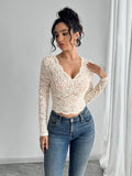 Solid-Color Sexy Lace V-Neck Long-Sleeved T-Shirt