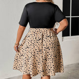 PLUS SIZE V NECK TIE WAIST RUCHED PATCHWORK DRESS_CWDMD5978