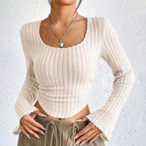 Square Collar Pit Slit Flared Long Sleeve T-Shirt