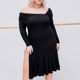 SOPHISTICATED SLANT NECK DRESS SIDE SLIT MIDI_CWDHL1045