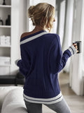 V-Neck Color Contrast Patchwork Pullover Sweater