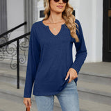 V-Neck Color Cotton Long Sleeve Loose T-Shirt