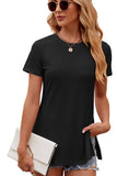 Solid Color Crew Neck Short Sleeve Split Top_Cwtsts0145