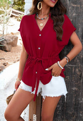 V-Neck Temperament Solid Color Waistband Top