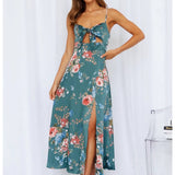 Stylish Sexy Deep V Printed Bow Back Split Dress