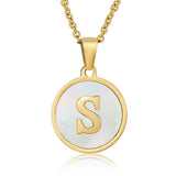 Cwaje1934_Round Stainless Steel White Shell Letter Necklace