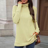 Solid-Color High-Neck Long-Sleeved Slit T-Shirt