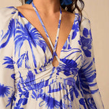 V-Neck Cinched Waist Lantern Sleeve Lace-Up Dress