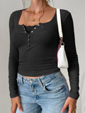 Y2K Slim Trim Lace Button U Neck Ribbed Top