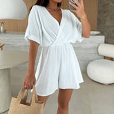 V-Neck Fashion Cinche-Waist Solid Color Jumpsuit