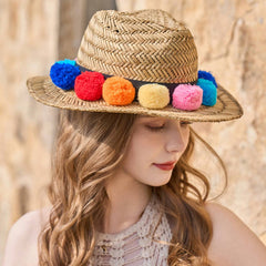 SUN PROTECTION LACE FUR BALL STRAW HAT_CWAH1348